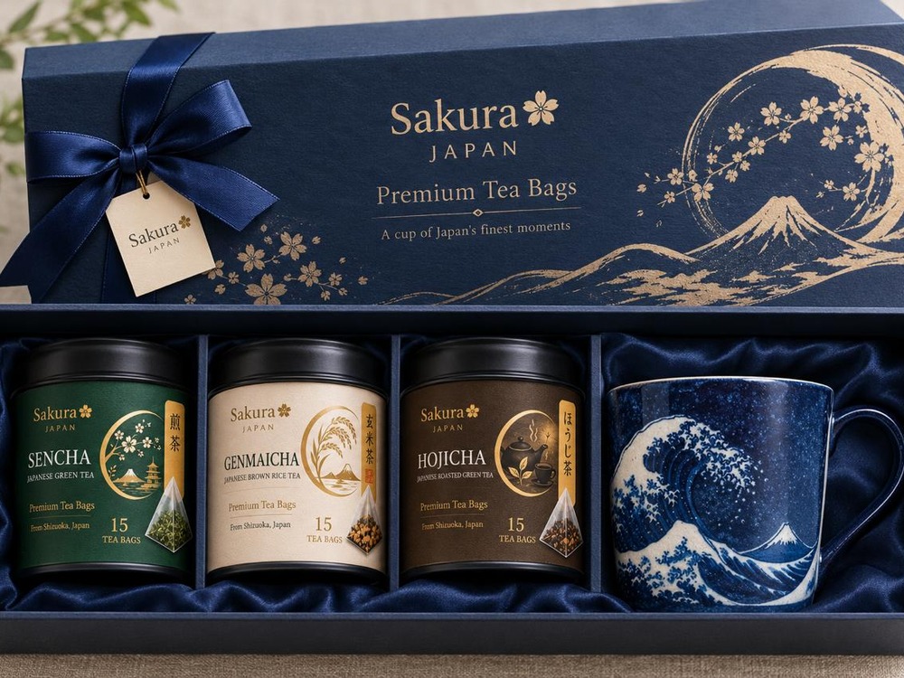 Premium Tea Bags gift box — three Sakura tea tins and a Japanese tea cup in a navy presentation box