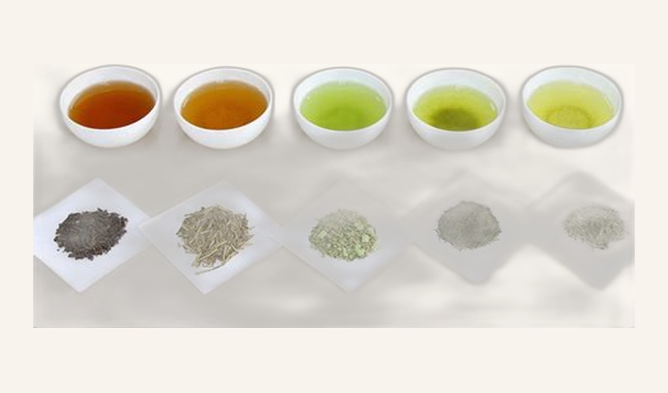 Japanese tea set — five leaf teas showing different colours