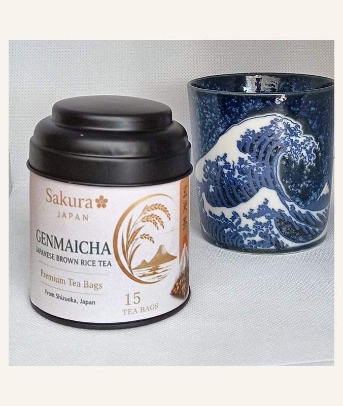 Sakura Genmaicha tea tin and cup — 15 tea bags — how we serve it