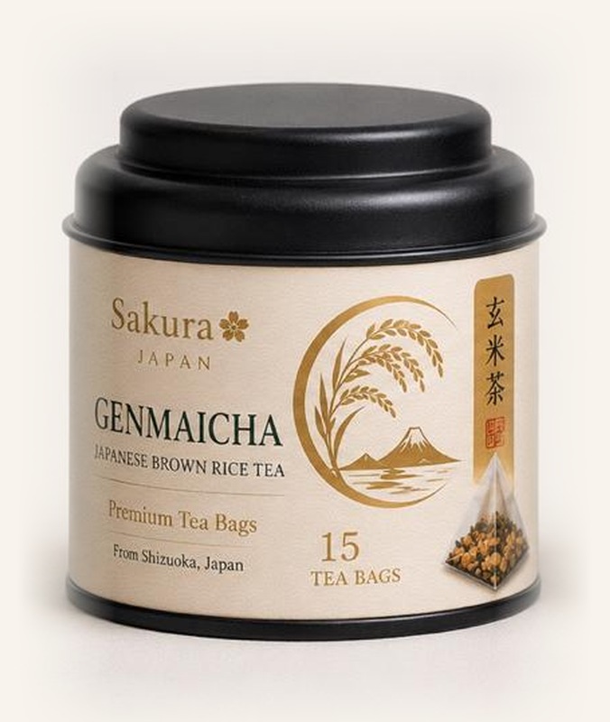 Sakura Genmaicha tea tin and cup — 15 tea bags — product