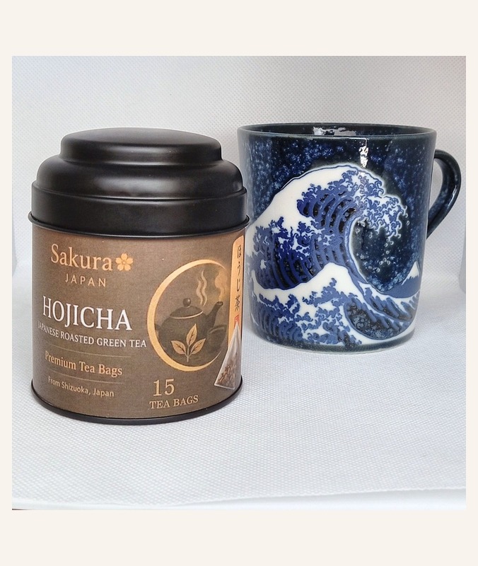 Sakura Hojicha tea tin and cup — 15 tea bags — how we serve it