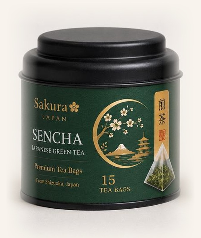 Sakura Sencha tea tin and cup — 15 tea bags — product